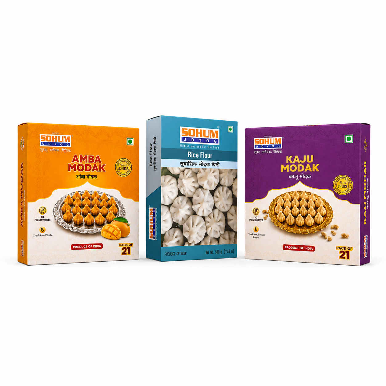 Combo Pack (Amba Modak + Kaju Modak + 2 Packs of Rice Flour)